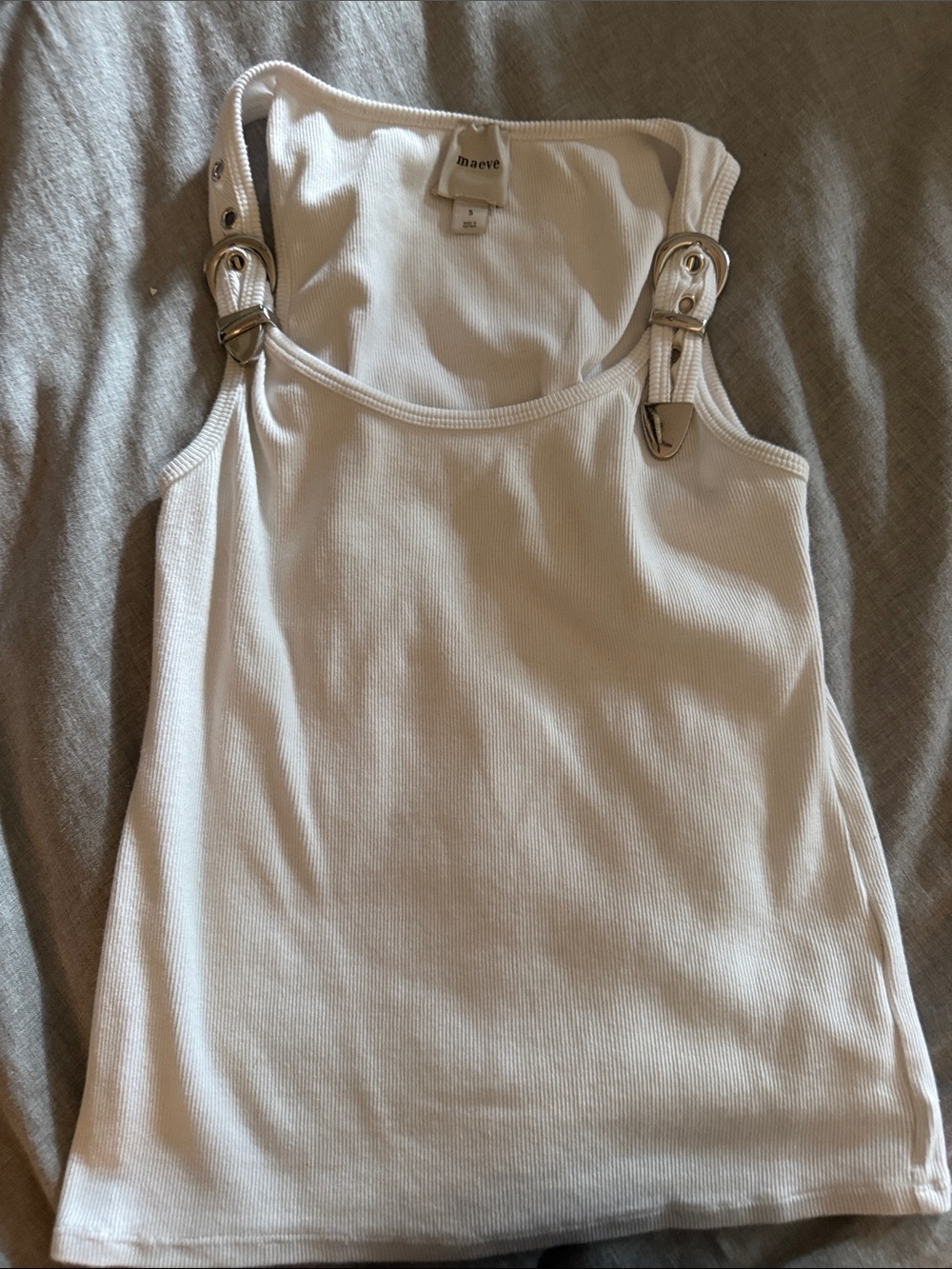 Maeve Cream Ribbed Tank with Buckle-Strap Accents